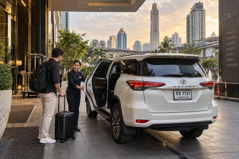Hotel staff helping guests load luggage into a private SUV in Bangkok