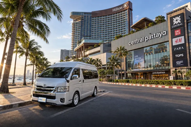 Bangkok Pattaya Taxi van outside Hilton Pattaya and Central Pattaya shopping mall