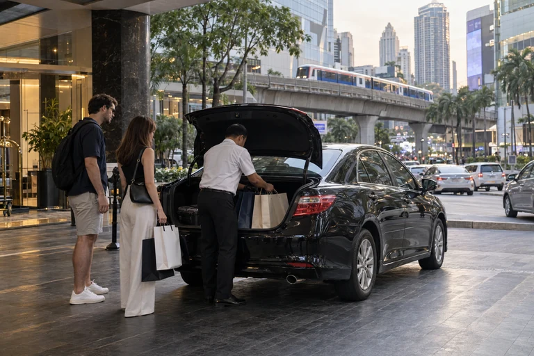 Driver loading shopping bags into a private taxi in central Bangkok