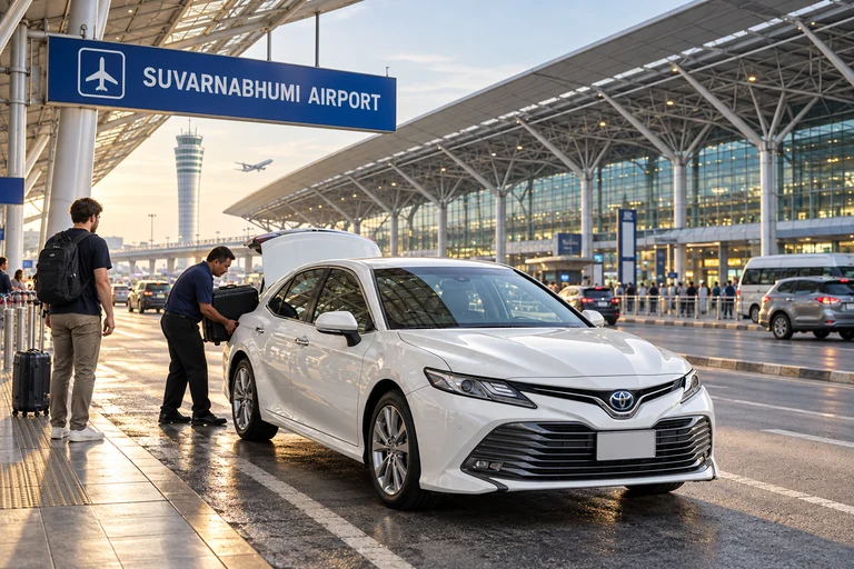Driver loading luggage into a white private taxi under the Suvarnabhumi Airport sign